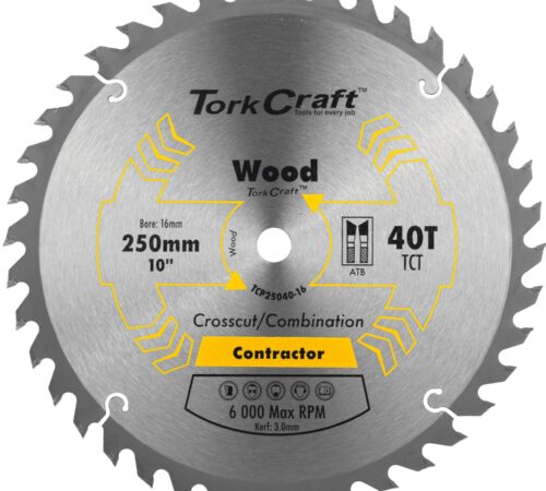 Tork Craft Carbide Tooth Saw Blade 250mm 40T (Wood Cutting)